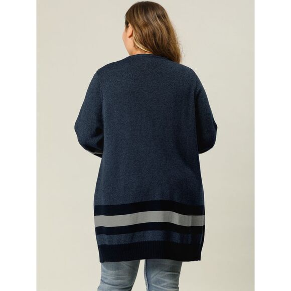 Plus Size Contrast Color Striped Open Front Sweater Cardigans Navy Blue - Picture 5 of 5